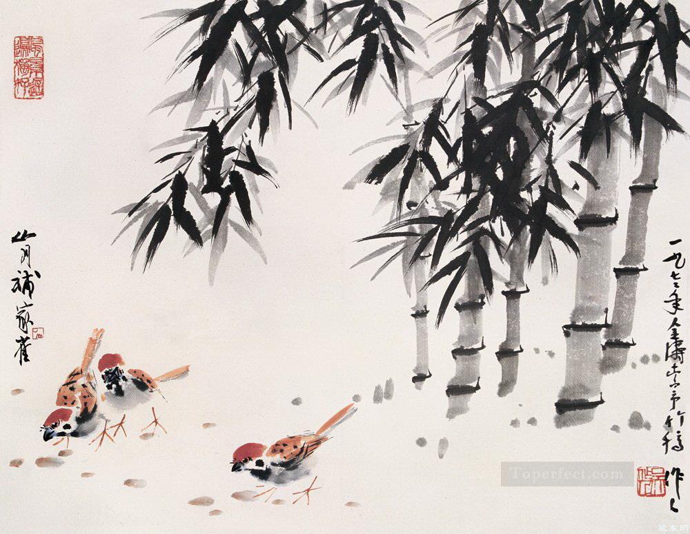Pollo Wu Zuoren bajo pájaros de tinta china antigua de bambú Pintura al óleo